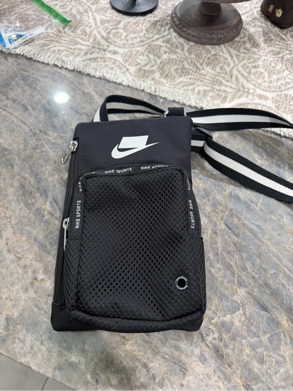 Nike Black Mesh Crossbody Phone Pouch with Striped Strap